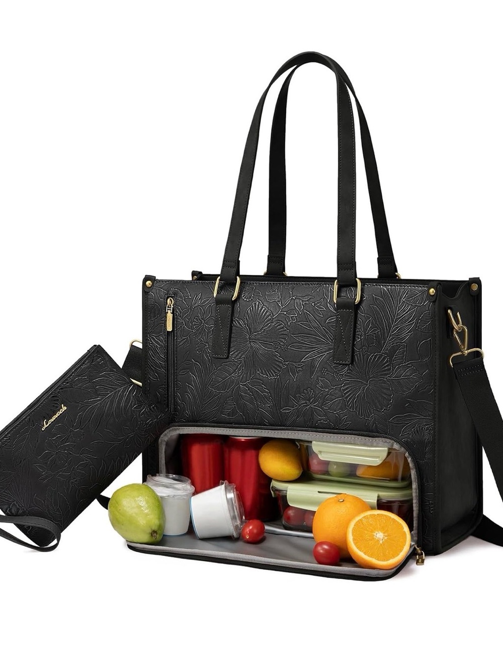 Insulated Black Floral-Embossed Tote